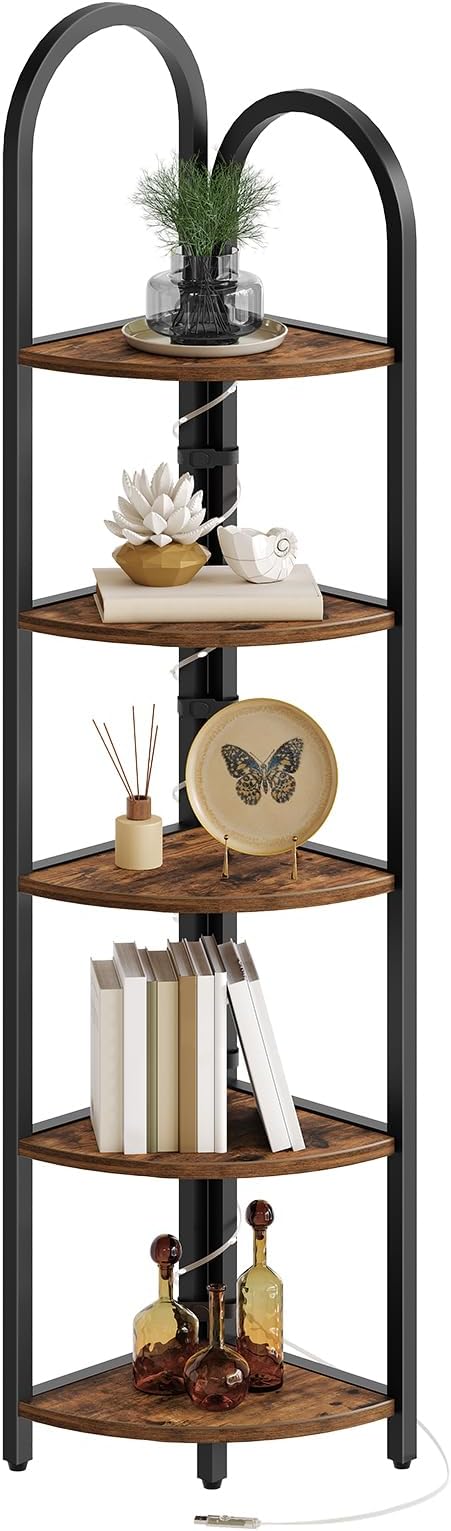 MAHANCRIS 5-Tier Corner Shelf with LED Light, 64.6'' Tall Corner Bookshelf, Narrow Storage Shelf with Metal Frame, for Living Room, Bedroom, Small Spaces, Rustic Brown and Black CSHR55101