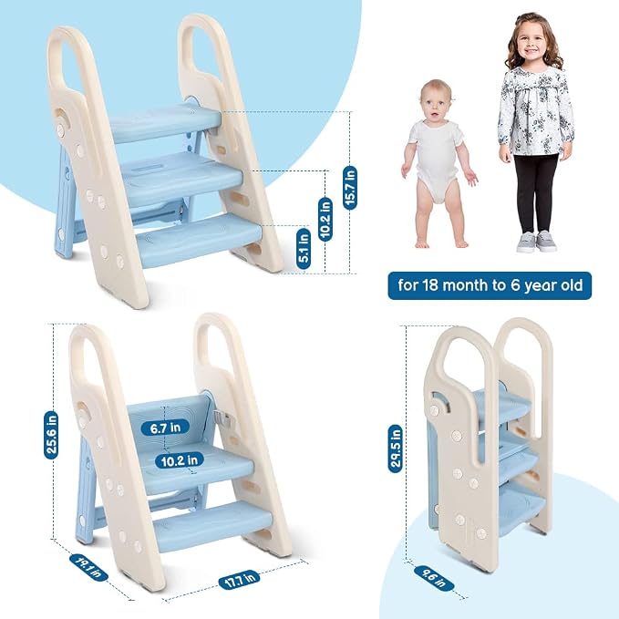 Foldable Toddler Step Stool for Bathroom Sink, Adjustable 3 Step Stool for Kids Toilet Potty Training Stool with Handles, Child Kitchen Counter Stool Helper, Plastic Ladder for Toddlers Blue