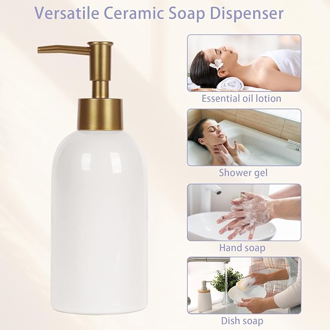 Natheeph 2PC 14OZ Ceramic Soap Dispenser Can Fill Hand Soap (White+Green) | Refillable Shampoo/Lotion/Liquid/Soap Dispenser for Bathroom, Dish Soap/Detergent for Kitchen, Soap Pump Dispenser Bottle