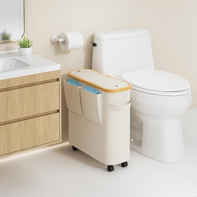 Toilet Paper Storage Basket with Lid, Bathroom Toilet Paper Holder, Beige | Bathroom Toilet Paper Organizer for 9-12 Rolls Large Capacity, Foldable Fabric Bamboo Toilet Paper Container with Pockets,