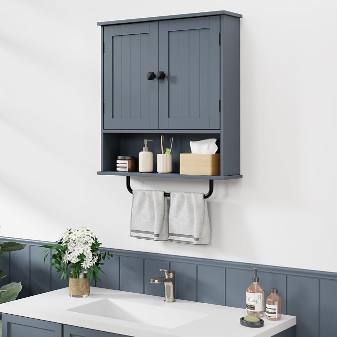RRX Bathroom Cabinet Wall Mounted Medicine Cabinets with Towels Bar, Over The Toilet Storage Cabinet with 2 Doors and Adjustable Shelf, White Wall Cabinet for Bathroom Laundry Kitchen,Gray