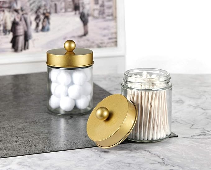 Amolliar Glass Apothecary Jar Qtip Holder Metal Lids 4pc/Gold | Bathroom Decor Countertop Vanity Storage Organizer Set for q tip holder,Cotton Swabs/Rounds,Makeup Sponges,Cute Stickers