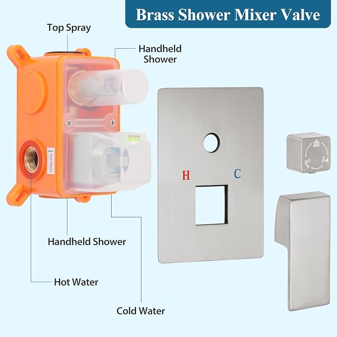 Brushed Nickel Square Rainfall Shower Head Set with Handheld & Faucet, 10" | Wall Mounted Bathroom Shower Faucet, 10 Inch Square Head, With Shower Valve, Rustproof Brushed Nickel, High Pressure Raindrop