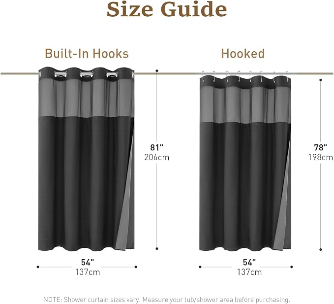 54x81 Ringless Linen Textured Shower Curtain with Snap in Liner, Black | Narrow Long Size, 3 in 1 Shower Curtain, Removable Liner, Waterproof & Washable, Mesh Top Window, Durable Fabric, Easy Setup