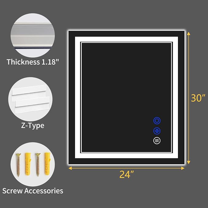 30"x24" LED Bathroom Mirror with Lights,Anti-Fog,3 Color Modes