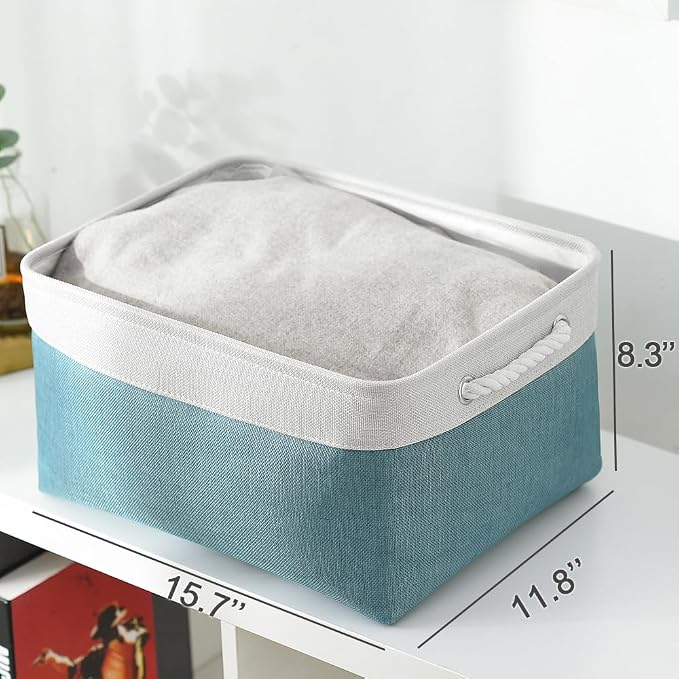 Fabric Storage Bin with Handles,Storage Basket for Home Storage and Organization, Shelf Basket with Cover for Living Room Bedroom Closet(White & Green Large,15.7L*11.8W*8.3H