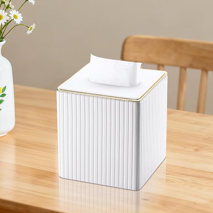 Tissue Box Cover, PU Leather Square Tissue Box Holder for Kleenexs with Magnetic Bottom Cover for Facial Tissues/Napkins, Office & Living Room Decor Box White