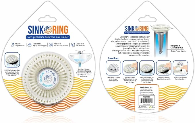 SinkRing Bathroom Sink Drain Protector & Strainer for Sink Stoppers, White | Easy snap-in design. Precision clog-free trap prevents loss of earrings, jewelry or contacts. Fits 1.37" - 1.57" stoppers.