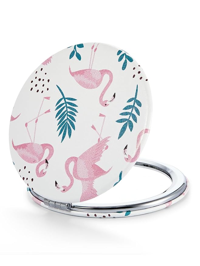 OMIRO 1X/10X Compact Magnifying Mirror for Travel, 2.8 in | Small Mirror for Purse, Pocket Mirror for Women, Dual-Sided Flip, PU Leather, Glass, Round (Pink Flamingos)