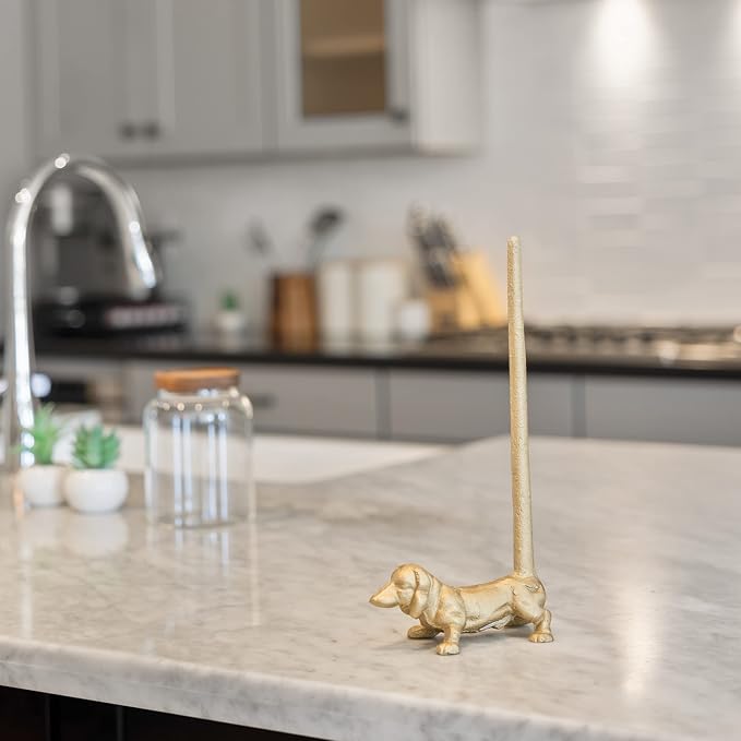 Gold Paper Towel Holder, Metal Toilet or Kitchen Paper Holder for Floor or Countertop, Gold Dog | 18.6 inch tall gold cast iron hand towel holder for kitchen countertop or bathroom with weighted base, no assembly
