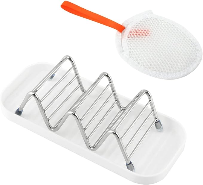 Wavy Soap Holder for Shower, 304 Stainless Steel Shampoo Bar Holder with Drainage Tray & Foaming Net for Shampoo Bar, Conditioner Bar, Kitchen Sink Countertop (2 Compartment Soap)