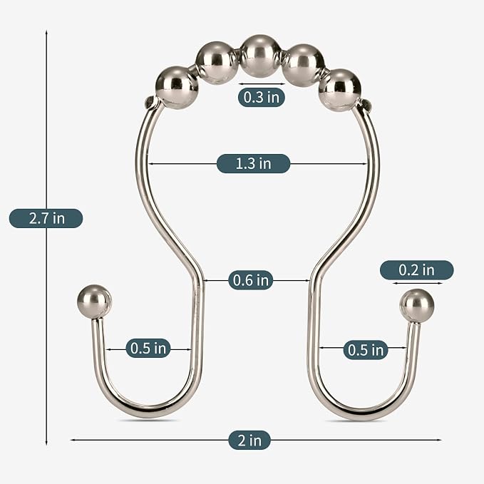 Shower Curtain Hooks, OEH Shower Curtain Rings, Metal Shower Curtain Rings Rust Proof, Smooth Gliding Metal Shower Curtain Hooks Rust Proof, Double Double Shower Rings for Curtain, 12 Pcs, Nickel
