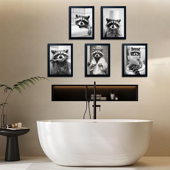 Black And White Raccoon Bathroom Decor Wall Art Funny Wall Decor Cute Animal Picture Canvas Art Framed Farmhouse Raccoon Bathrobe Painting Restroom Decoration