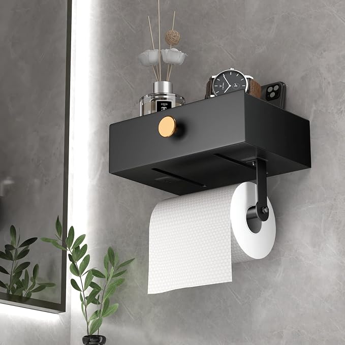 VOLDRA Toilet Paper Holder with Shelf Black Wipes Dispenser for Bathroom Stainless Steel Toilet Paper Holder with Storage Drawer Adhesive Wall Mount Small Bathroom Shelf