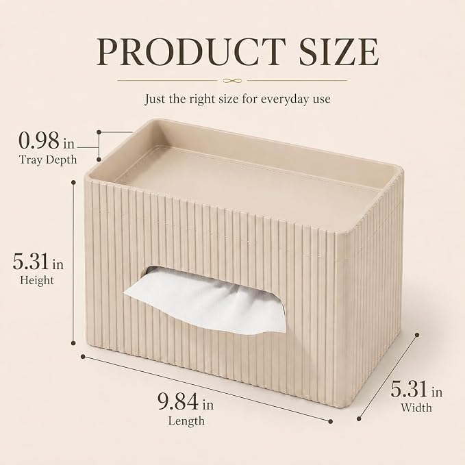 Ribbed PU Leather Tissue Box Cover with Storage Tray, Rectangular Facial Tissue Holder for Bathroom Vanity, Nightstand & Office Desk, Modern Decorative Tissue Dispenser (Warm Beige)