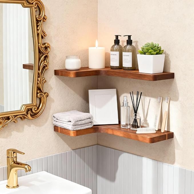 Floating Corner Shelves, Wall Shelf Set of 2, Shelves for Wall Storage, Solid Wood Shelves for Storage, Wall Mount Wooden Display Shelf for Bathroom Bedroom Kitchen Garage (Acacia 2pcs)