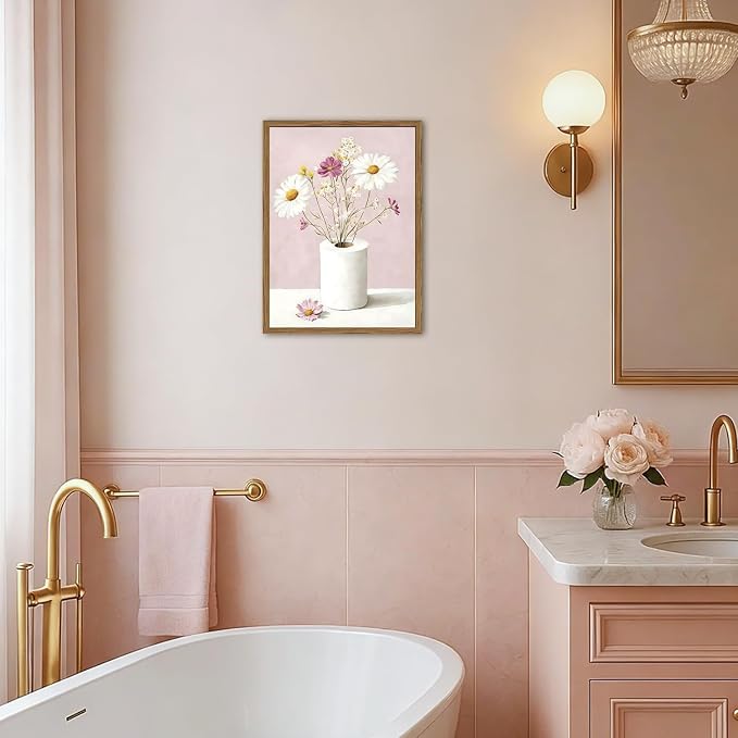 Vintage Floral Toilet Paper Wall Art Cute Wildflower Restroom Wall Decor Picture Funny Pink Flower Bathroom Canvas Painting Print 12x16 inch Wood Framed