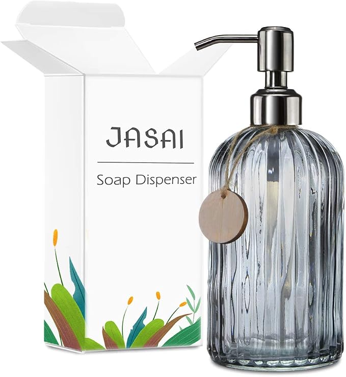 JASAI 18 Oz Kitchen Soap Dispenser with 304 Rust Proof Stainless Steel Pump | Refillable Liquid Soap Dispenser for Bathroom, Kitchen, Hand Soap, Dish Soap (Clear Grey)