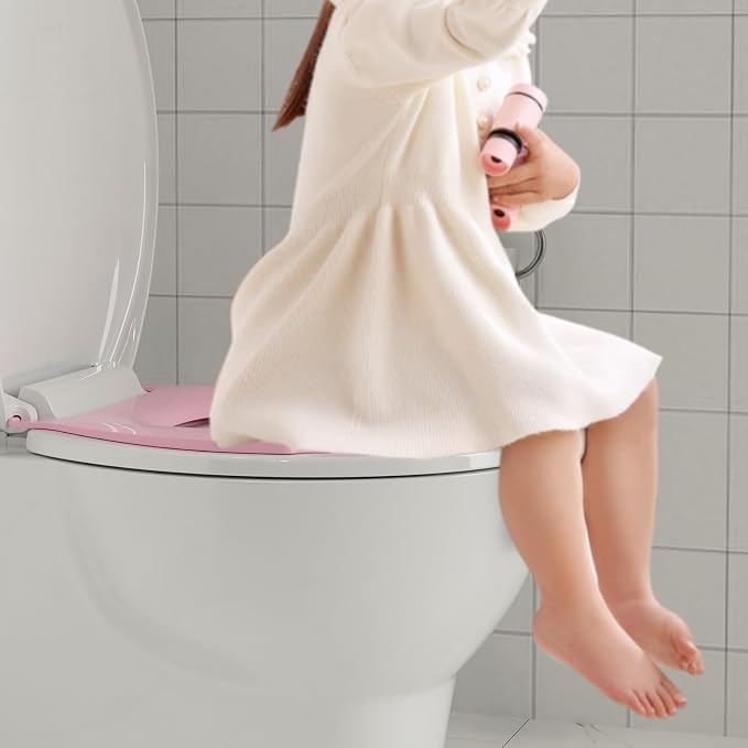 17" Round Pink Toilet Seat with Built-In Toddler Potty Training Seat, No Wiggle Design for Child and Adult, Easy to Install with Detachable Seat for Longtime Usage