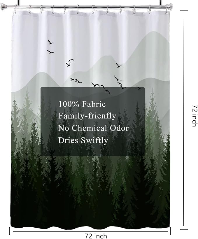 LLSCL Fabric Shower Curtain Liner with Magnets, Green Forest Waterproof Hotel Quality, 72 x 72 Machine Washable