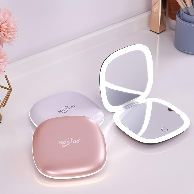 Mocado Compact LED Magnifying Travel Makeup-Mirror - 4 inches 1X/10X Magnification Small Hand Pocket Dimmable Double Sided USB Rechargeable Touch Screen, Portable Tabletop Cosmetic (Rose Gold) | Double Sides Lighted,3 Colors Lighting,0-100% Brightness,...