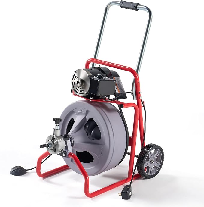 Albott 75 FT x 1/2 Inch Electric Drain Cleaner Machine | Auto-Feed Sewer Snake Auger for 1-4 Inch Pipes, with 9 Cutters, Wheels and Foot Switch, Gray/Red
