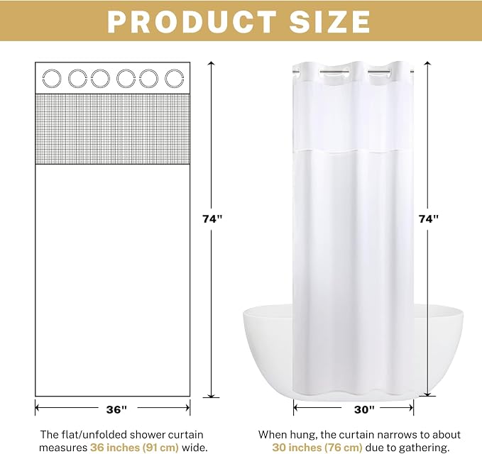 WONICY No Hook Small Shower Curtain with Snap-in Liner, White, 36 x 74 | Ringless, Waterproof & Washable, Hotel Style, Mesh Top Window, Bottom Magnets, Thick, Farmhouse, for Bathroom