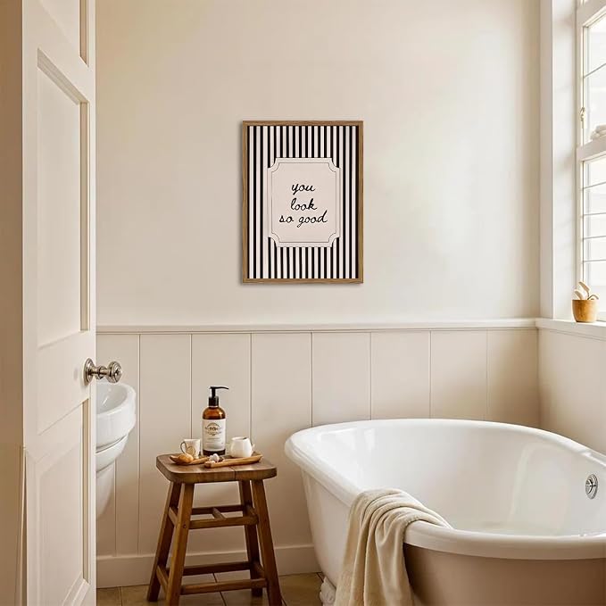 You Look So Good Bathroom Wall Art Trendy Inspirational Quote Sign Wall Decor Modern Minimalist Motivational Black Striped Bathroom Poster Canvas Prints 12x16 inch Wood Framed
