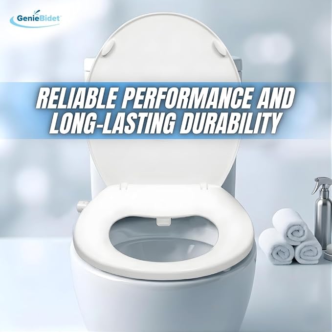 GenieBidet Right Side Bidet Toilet Seat Round - Round Bidet Toilet Seat with Adjustable Self-Cleaning Nozzles, Attachment, T Adapter & Bottle - Non Electric Bidet Seat