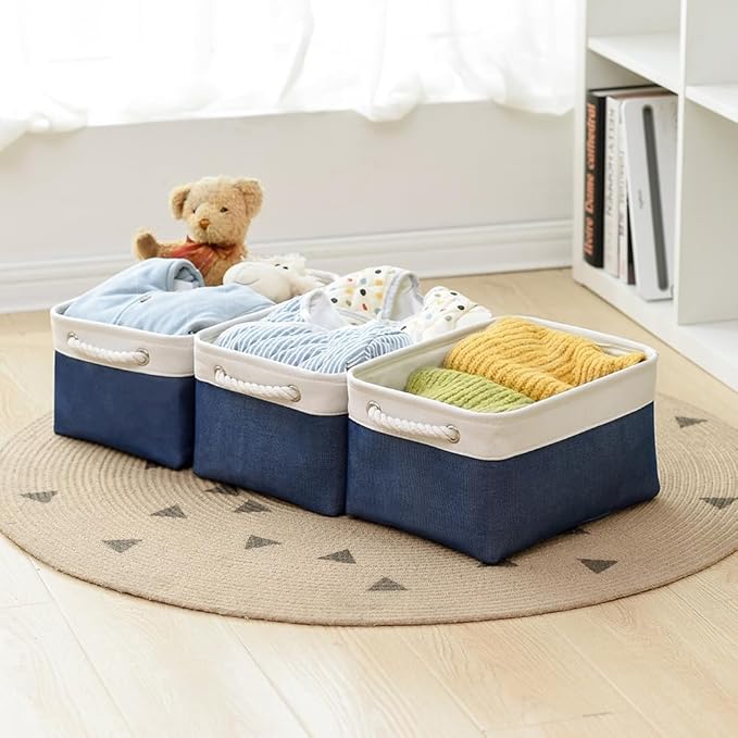 Storage Basket for Organizing - Medium 3 Pack 14x10x7 inch Fabric Storage Cubes for Shelves with Rope, Collapsible Storage Bin for Organizer Closet Cloth Gift Toy (White & Jean Blue)