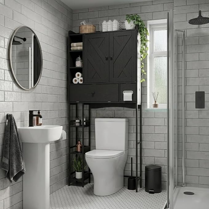 Garvee Over-The-Toilet Storage Rack, Modern Bathroom Organizer | MDF Shelves & Steel Frame, Space-Saving Toilet Shelf for Small Bathrooms, Bathroom Cabinet for Towels & Toiletries, Black