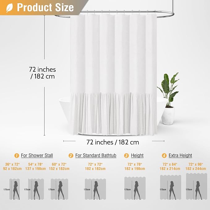 Linen Ruffle Modern Farmhouse Cloth Boho Shower Curtain, 72x72, White | Ruffle Hem, Heavy Duty Fabric, 12 Hooks, Elegant Drape, Shabby Chic Style, Bathroom Decor, Machine Washable, Easy To Install