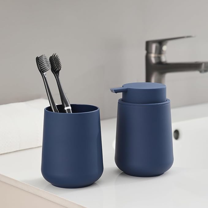 YAUKPH Bathroom Soap Dispenser and Toothbrush Holder Matte Blue | Bathroom Accessories Set 2 Piece for Bathroom Countertop Storage and Decor