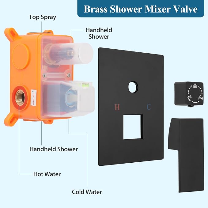 10 inch Square Shower Head and Handheld Set, Gasecoet Shower System with Tub Spout Wall Mounted Shower Faucet for Bathroom - Matte Black (With Shower Valve)