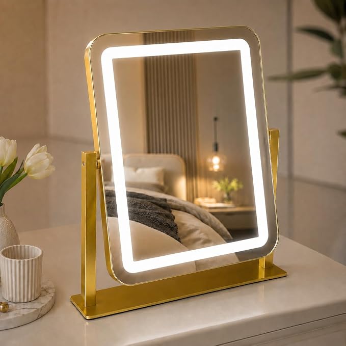 HNV 15" x 13" Gold Lighted Makeup Mirror | Compact gold desk mirror for dorm makeup, foundation checks, eyeliner, brows, mascara and skincare.