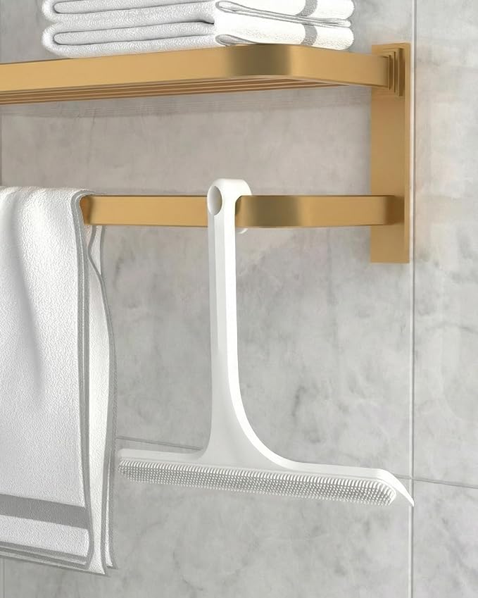2-in-1 Silicone Shower Squeegee with Hook,Dual-Sided Design with Scraper & Scrub Surface,Streak-Free Bathroom Squeegee for Glass Doors,Mirrors,Windows,Car Windshields (White)