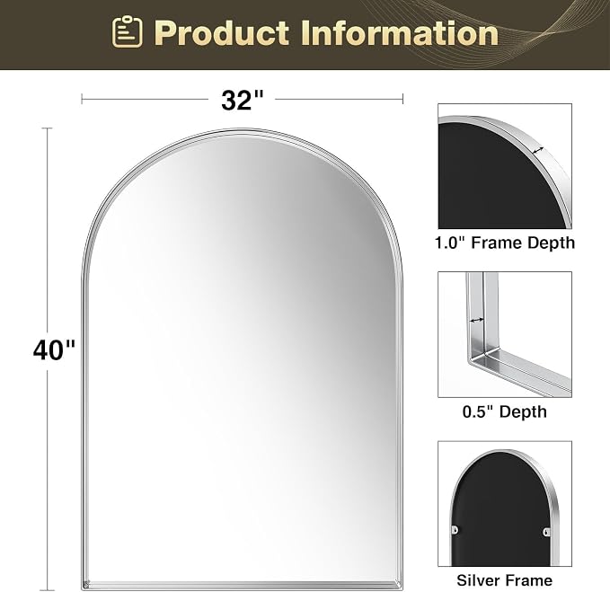 Brightify Arched Mirror, Arched Wall Mirror, 32 x 40 Inch Silver Arch Mirror, Metal Frame Silver Bathroom Mirror, Arched Top Bathroom Vanity Mirror for Living Room Bedroom Mantel Entryway Hallways | Metal Frame Silver Bathroom Mirror, Arched Top Bathro...
