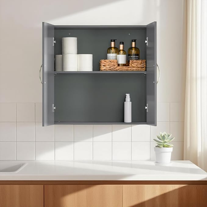 Wall Mount Bathroom & Laundry Storage Cabinet, Wall Size, Grey | Wall-Mounted Storage Cabinet With Door & Adjustable Shelf, Space-Saving MDF Bathroom Organizer, HUS-FRG231