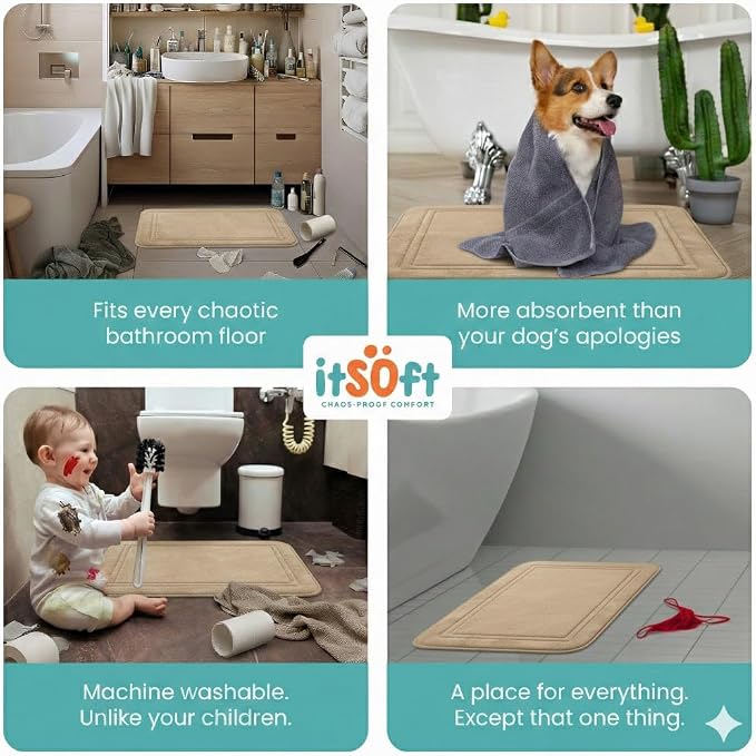 Memory Foam Bath Mat 24x16, Non Slip, Machine Washable, Quick Dry & Absorbent Rugs, Bath Mats for Bathroom Floor, Tub & Shower, Bathroom Rug, Beige