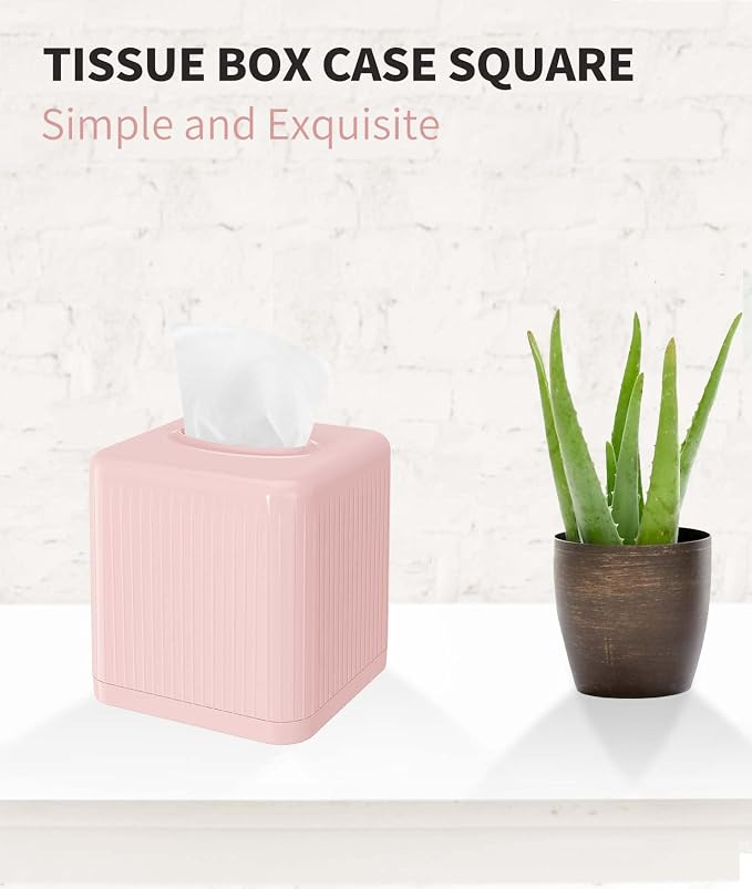 Livelab Tissue Box Cover with Base - Square Plastic Holder, Decorative Case, Modern Facial Paper Dispenser for Bathroom, Vanity Countertops, Night Stands, Desk - Pink