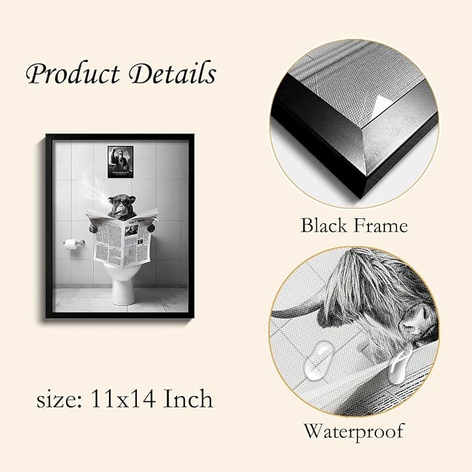 Ardakar Black and White Wall Art, Framed Bathroom Decor Wall Art, Funny Animal Bathroom Wall Decor, Funny Chimpanzee on Toilet (Framed,11''x14'')