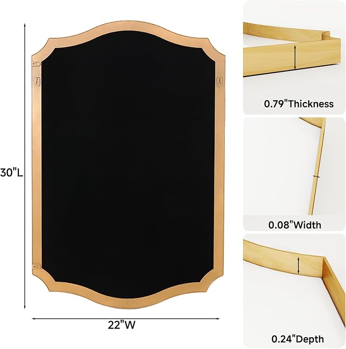 Gold Vanity Wall Mirror 30"x22", Scalloped Edge Bathroom Mirror | Rust-Proof Metal Frame, Hangs Vertically/Horizontally, Decorative Bathroom Mirror, For Vanity, Bedroom & Entryway