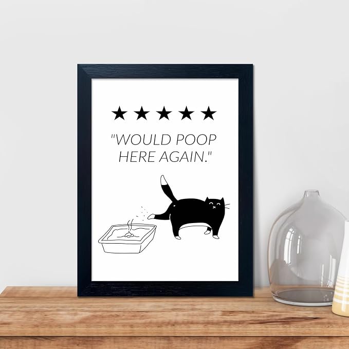 Framed Black and White Cat Bathroom Wall Art Would Poop Here Again Bathroom Sign Funny Bathroom Wall Decor Minimalist Cute Cat Canvas Print Painting Artworks for Home