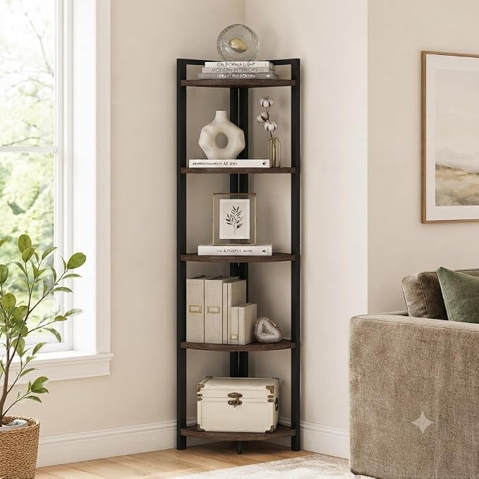 Rustic Tall Corner Shelf, 5 Tier Industrial Corner Bookshelf for Living Room, Dark Wood and Metal Corner Plant Stand for Home Office (Walnut Brown)