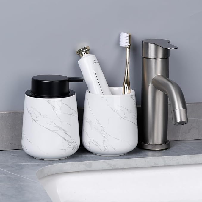 BosilunLife Ceramic Soap Dispenser - Dish Soap Dispenser for Bathroom 12Oz | Refillable Liquid Hand Wash Dispenser for Essential Oil, Lotion Soap, Marble