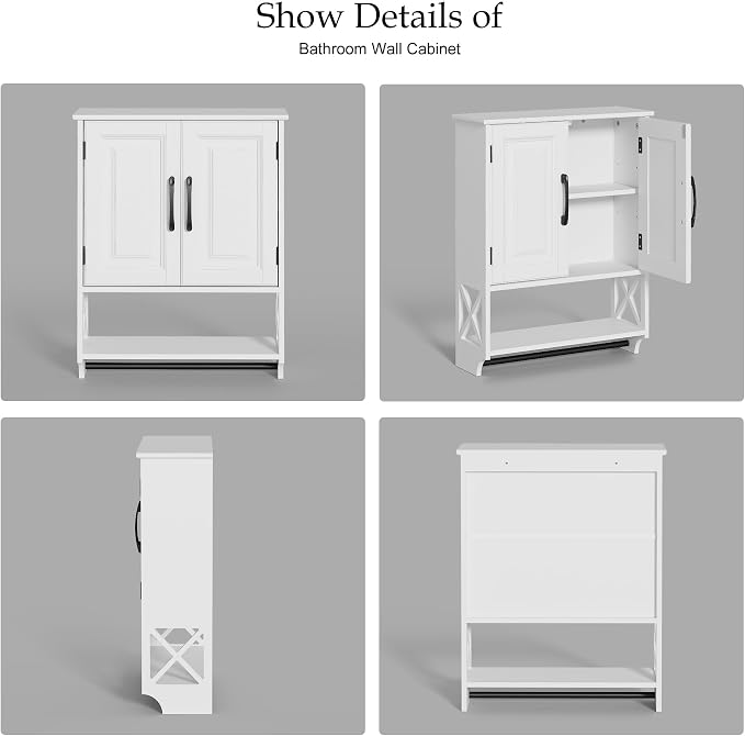 20" x 25" Bathroom Wall Cabinet with Towel Bar, White Painted Wall Mounted Storage Cabinet with Adjustable Shelf, Over The Toilet Medicine Cabinet, Wood Wall Cabinet for Bathroom Laundry Room