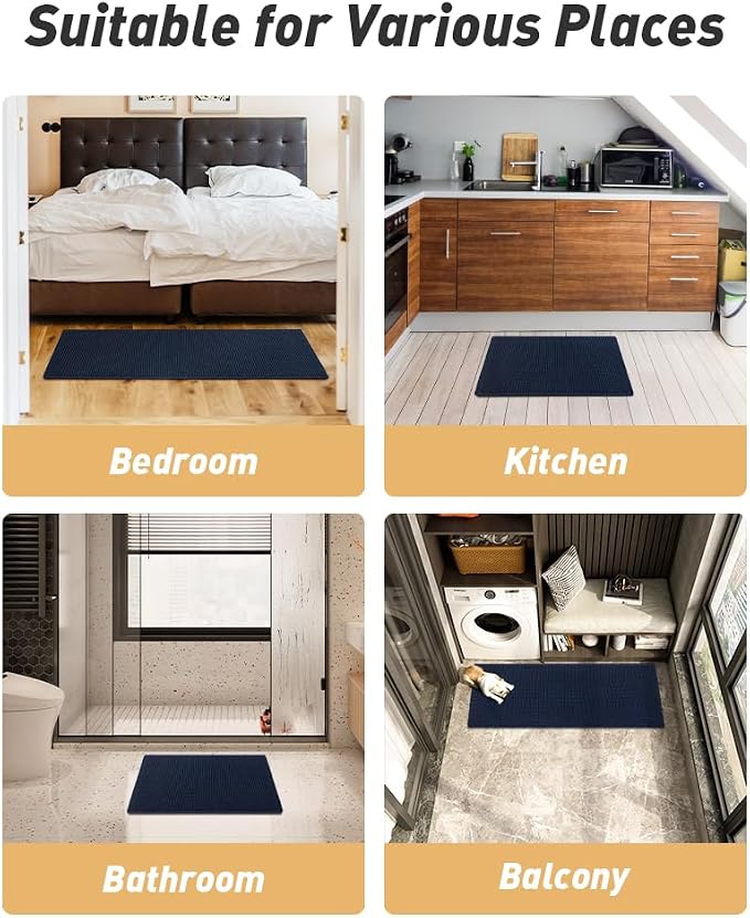 AMOAMI Upgraded Waffle Bath Mat, Super Absorbent Non Slip Bath Mats for Bathroom Floor, Machine Washable Bathroom Rugs with Tassels, Rubber Backed Bathroom Mats, Ultra Soft,17" x 24", Navy Blue