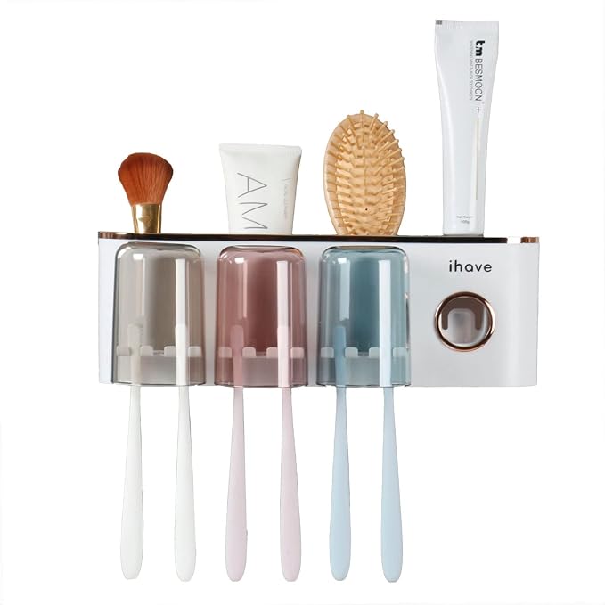 iHave Toothbrush Holders for Bathrooms Wall Mounted with Dispenser & 3 Cups | 9 Slots Wall Mount Toothbrush Holders for Bathrooms with Squeeze Toothpaste Dispenser, 3 Cups & 3 Compartments Organizer