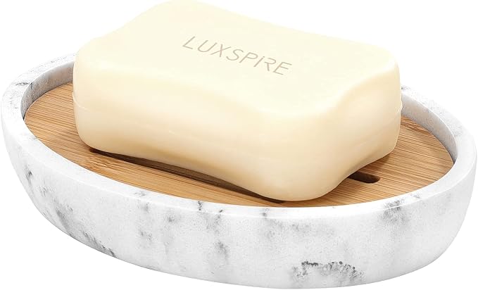 Luxspire Bamboo Soap Dish, Holder for Bathroom& countertop, Gravel White | Resin Soap Holder, Wooden Texture Drainage Design, Keeps Soap Dry, For Shower, Bathroom & Kitchen Sink,