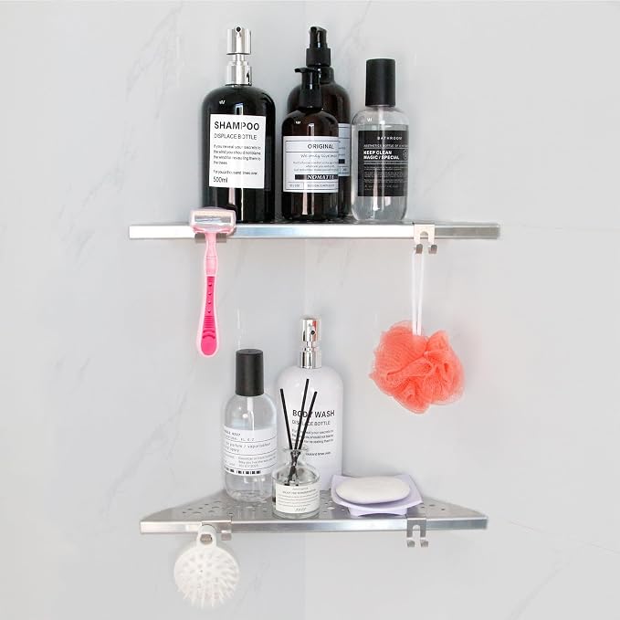 WELLUP Shower Shelf Brushed Nickel 2 Pack,Corner Shower Shelf with 4 Hooks | 304 Stainless Steel Corner Shelf Recessed, Shower Corner Shelf for Tile Wall,Holds 15 lbs,Hollowed Drainage,Easy Install